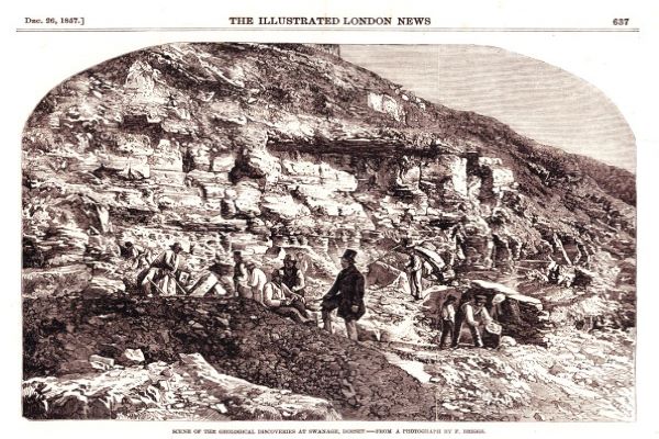 A newspaper article photograph from 1847 showing a black and white illustration of Samuel Beckles in typical Victorian dress of top hat and tails on the excavation at Durlston. 